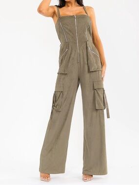 Olive Cargo Wide Leg Jumpsuit Zip Front Utility Romper w Pockets Chic Edgy Style